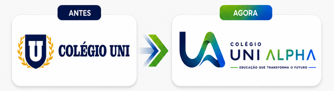 Comparação da marca antes, Colégio UNI, e agora, Colégio UNI ALPHA