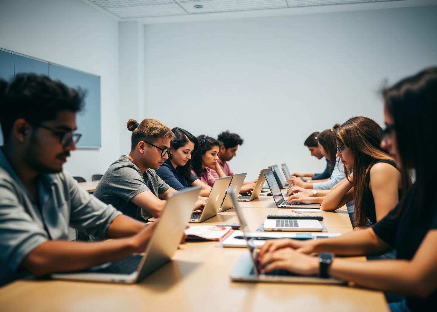 Alunos do Colégio UniAlpha estudando com notebooks em sala de aula